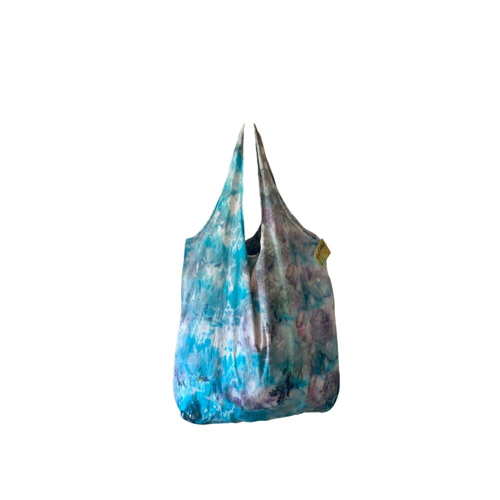 Tie Dye Reusable Tote Blue & Gray Washable Stuffable Cotton Sustainable